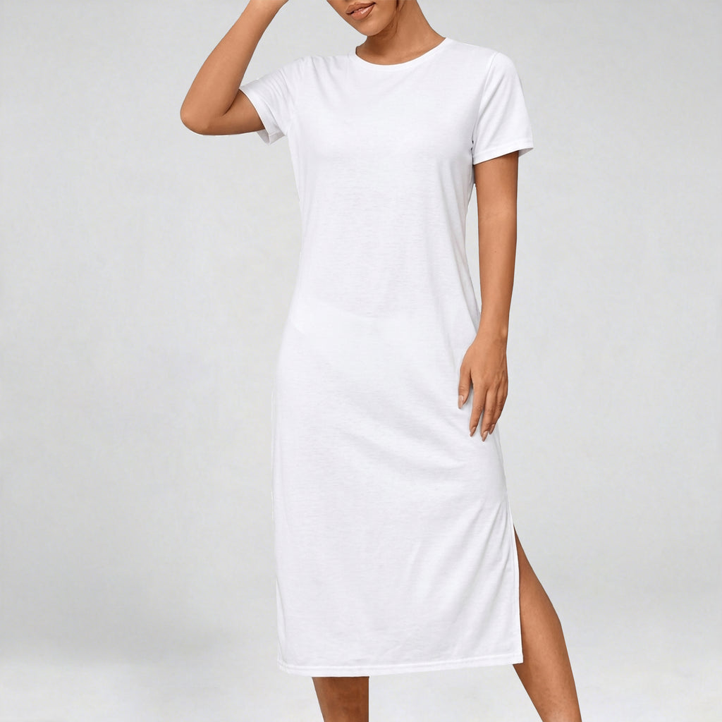 Womens Casual Stripe Midi Dress Summer Short Sleeve Round Neck Slit Hem Slim-Fit Tshirt Dresses