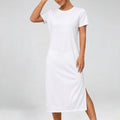 Womens Casual Stripe Midi Dress Summer Short Sleeve Round Neck Slit Hem Slim-Fit Tshirt Dresses
