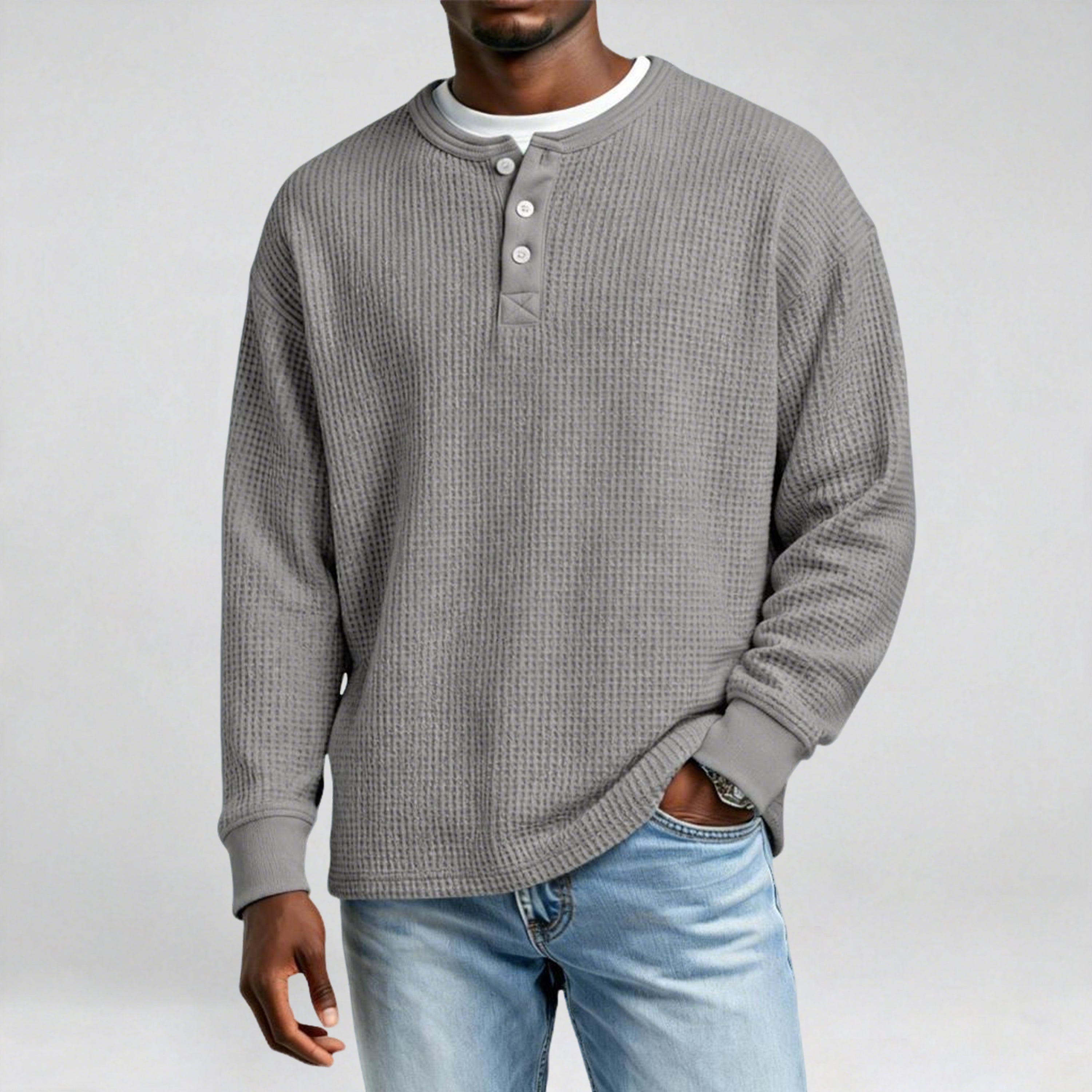 Men's and Big Men's Waffle Knit Long Sleeve Button Henley T-Shirts
