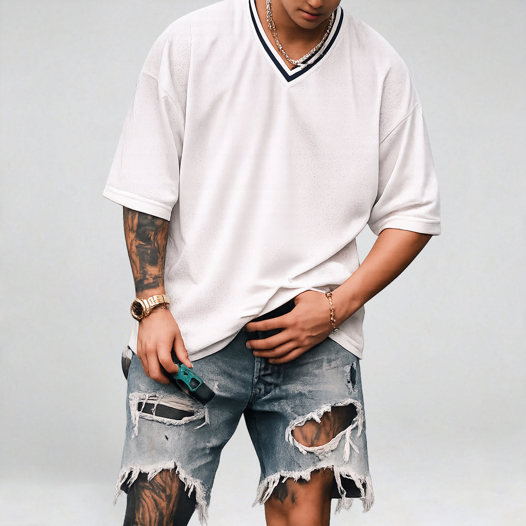 Men's Mesh Contrast Color Sports Short Sleeve Soccer Jersey Style T-Shirt, Sports Jersey Summer