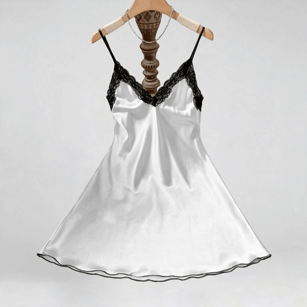 Women's Sexy V-Neck Slip Nightgown with Heart Print & Contrast Lace Trim - Soft Polyester, Adjustable Thin Straps, Comfortable Sleep Dress for All Seasons, Comfortable Nightdress | Elegant Bedroom Attire | Polyester Fabric