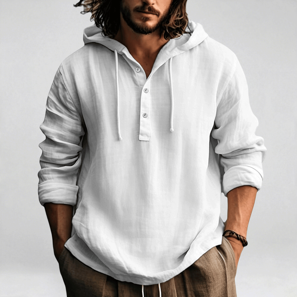Men's Cotton Linen Shirts Hooded Casual Long Sleeve 1/4 Button Hood Beach T-Shirt