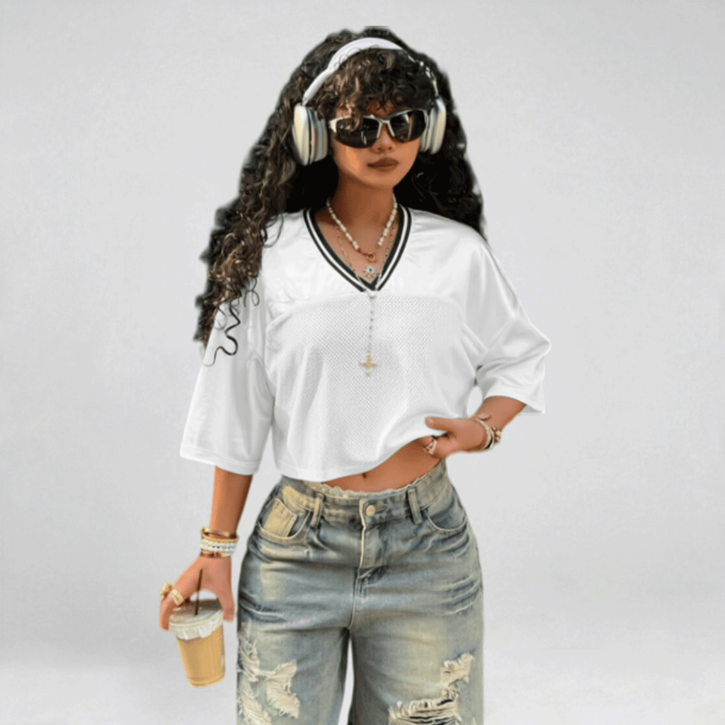 Y2K Women's Spliced Fabric Short Sleeve T-Shirt Crop Top M186 PB-744