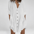 Plus Size - Plus Size - Women'S Plus-Size Loose-Fitting Solid Color Shirt with a Small Stand Collar And Rolled Sleeves, Featuring Pockets