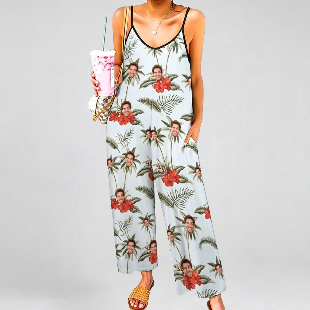 Custom Photo Sleeveless Jumpsuit, Personalized Wide Leg Romper