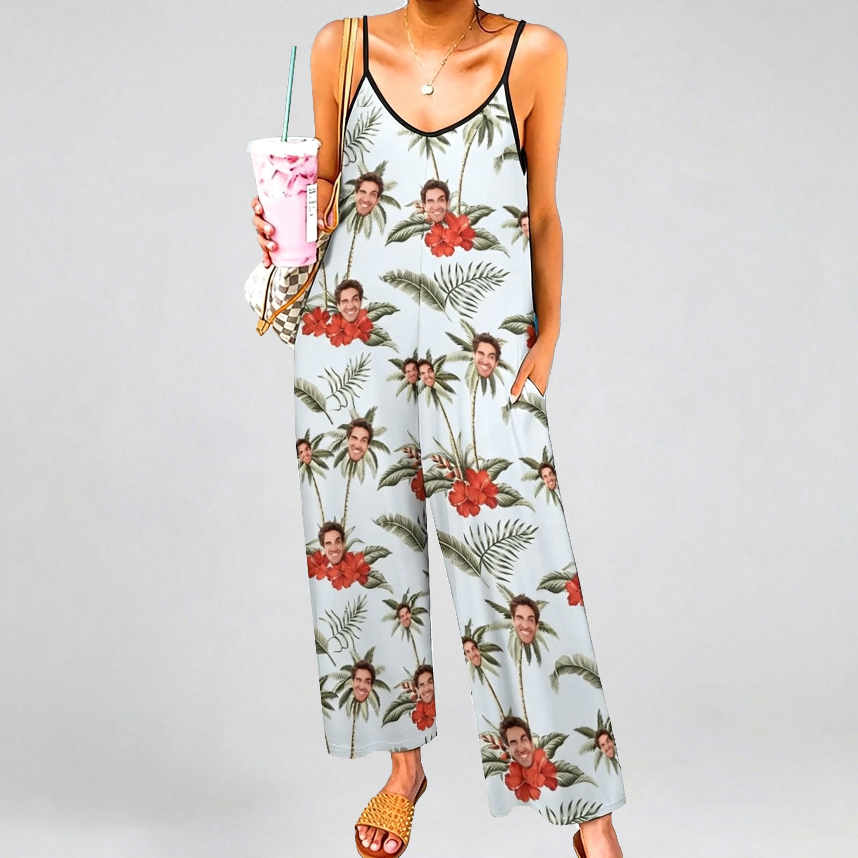 Custom Photo Sleeveless Jumpsuit, Personalized Wide Leg Romper