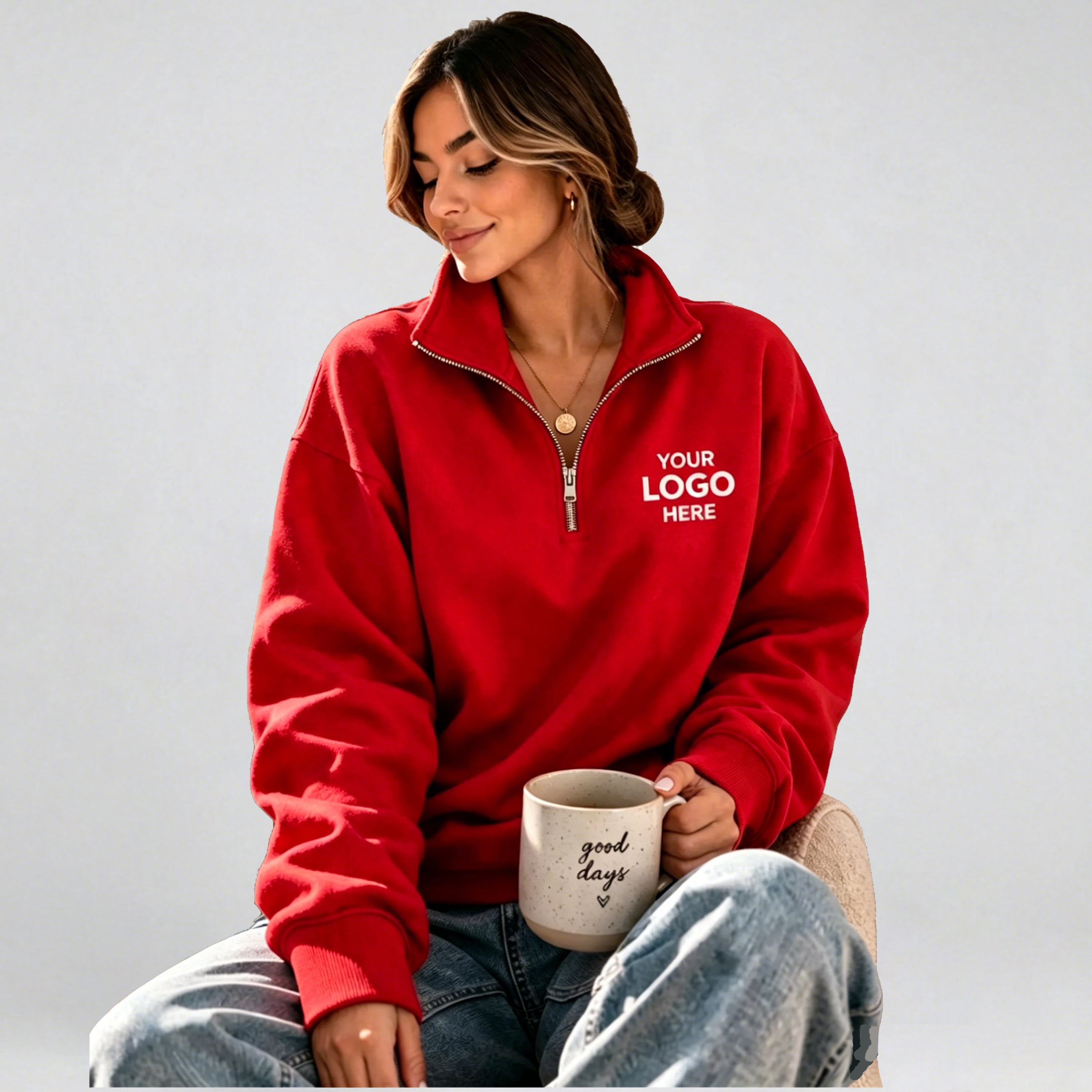 Quarter Zip Sweatshirt: Custom Text and Logo - Soft, Oversized Fit