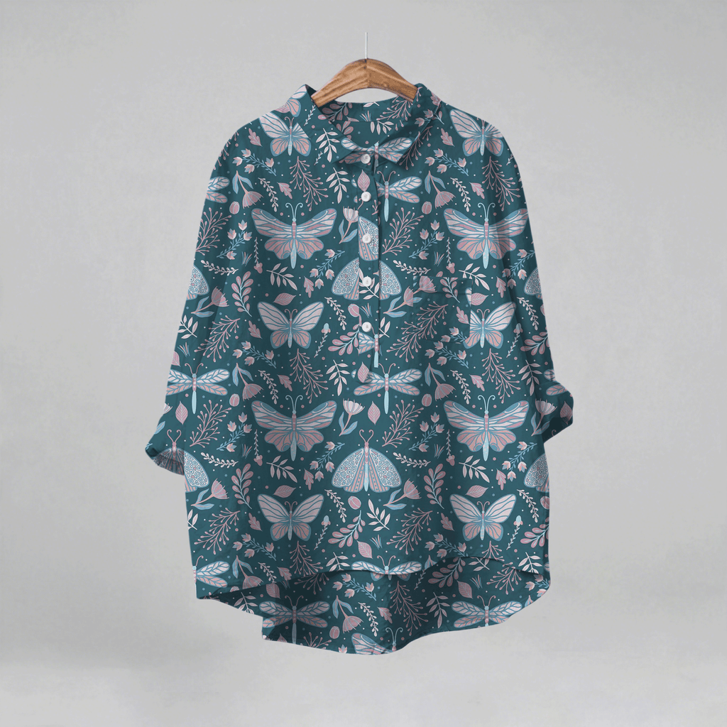 European and American Loose Casual Full-Body Print Turn- Collar Women's Shirt