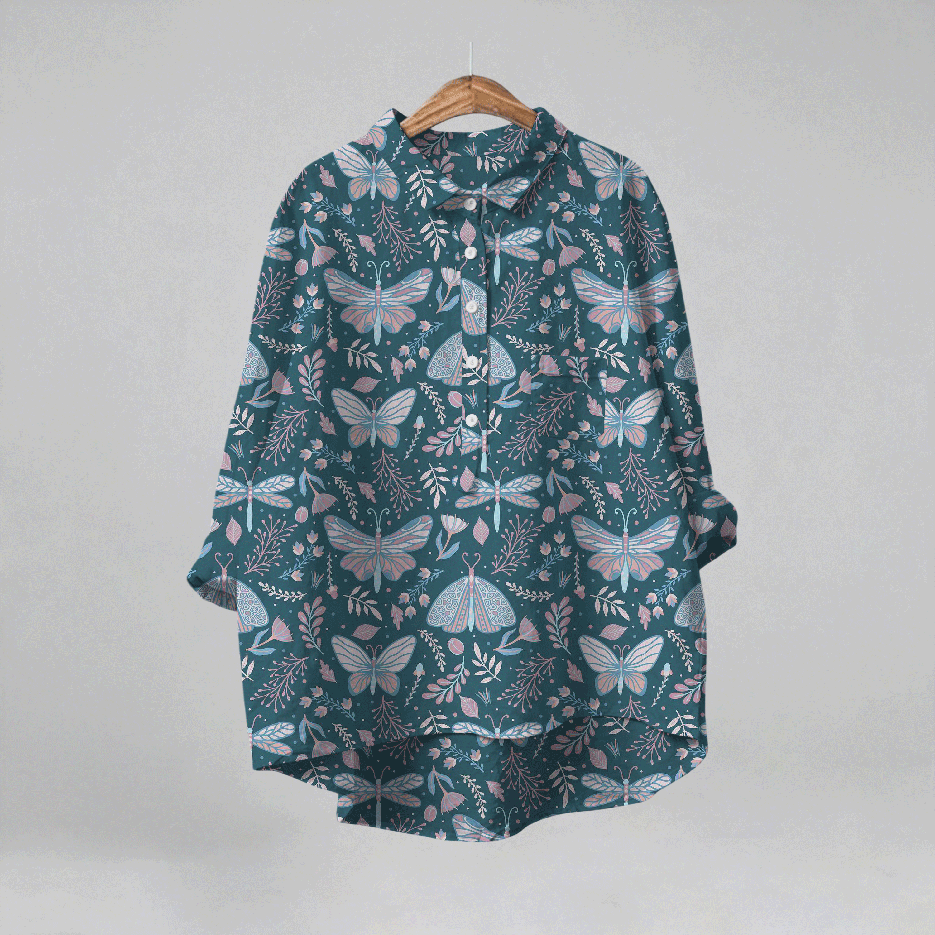 European and American Loose Casual Full-Body Print Turn- Collar Women's Shirt