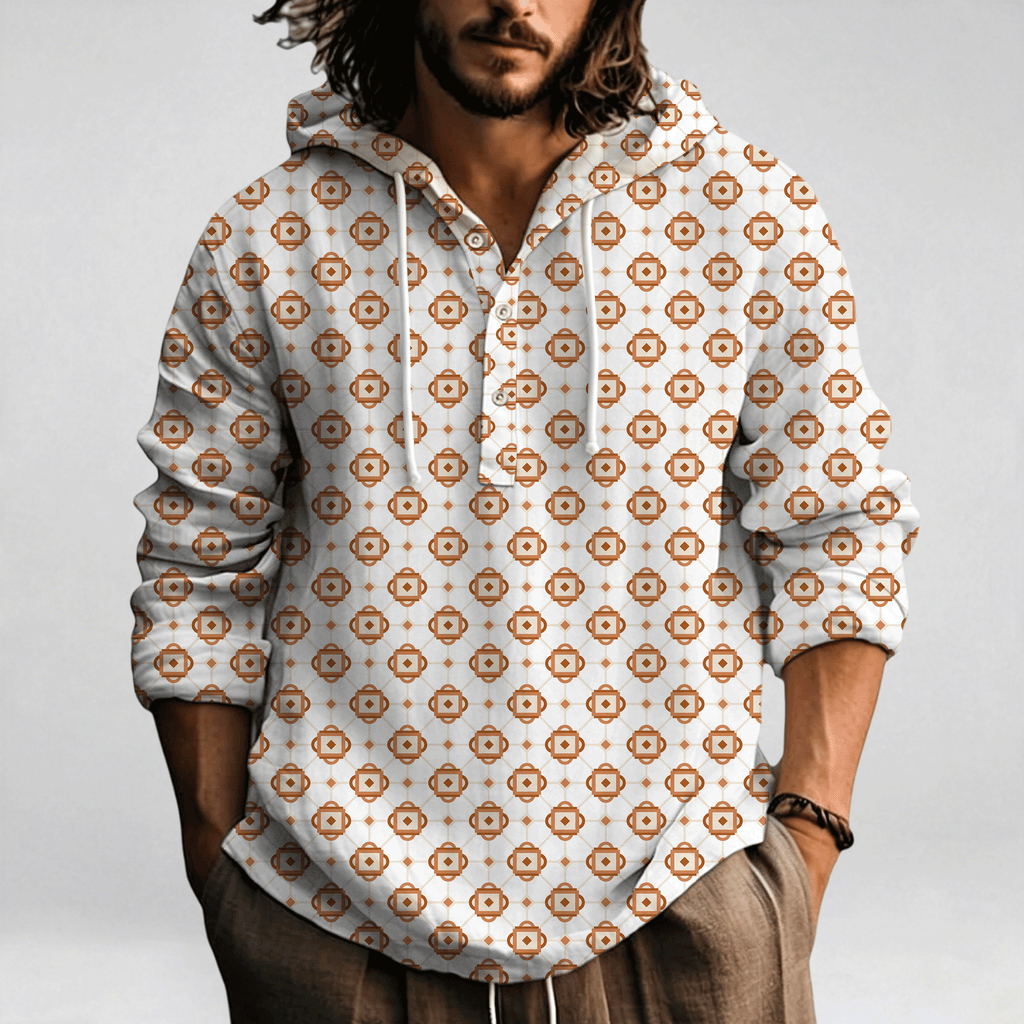 Men's Cotton Linen Shirts Hooded Casual Long Sleeve 1/4 Button Hood Beach T-Shirt