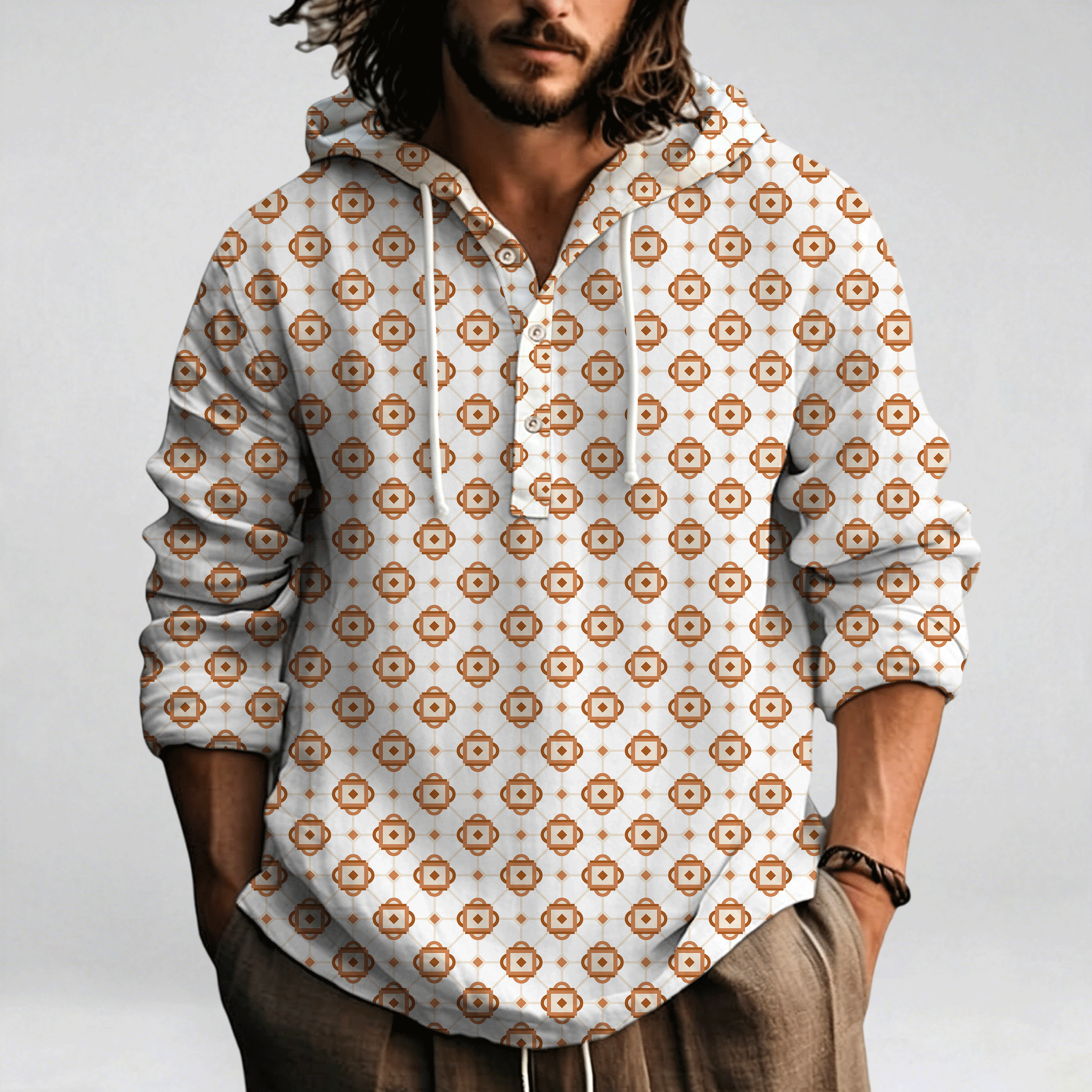 Men's Cotton Linen Shirts Hooded Casual Long Sleeve 1/4 Button Hood Beach T-Shirt