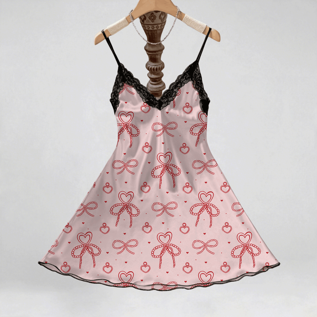 Women's Sexy V-Neck Slip Nightgown with Heart Print & Contrast Lace Trim - Soft Polyester, Adjustable Thin Straps, Comfortable Sleep Dress for All Seasons, Comfortable Nightdress | Elegant Bedroom Attire | Polyester Fabric