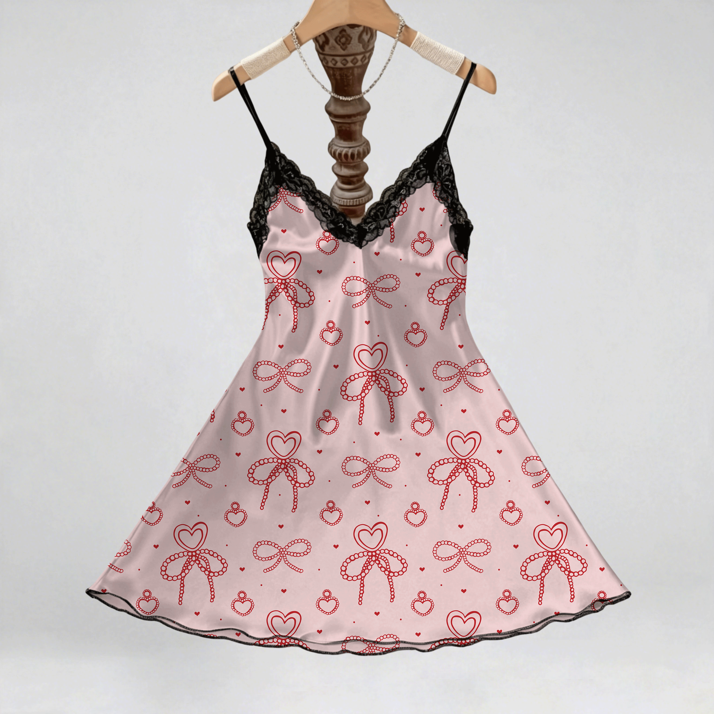 Women's Sexy V-Neck Slip Nightgown with Heart Print & Contrast Lace Trim - Soft Polyester, Adjustable Thin Straps, Comfortable Sleep Dress for All Seasons, Comfortable Nightdress | Elegant Bedroom Attire | Polyester Fabric