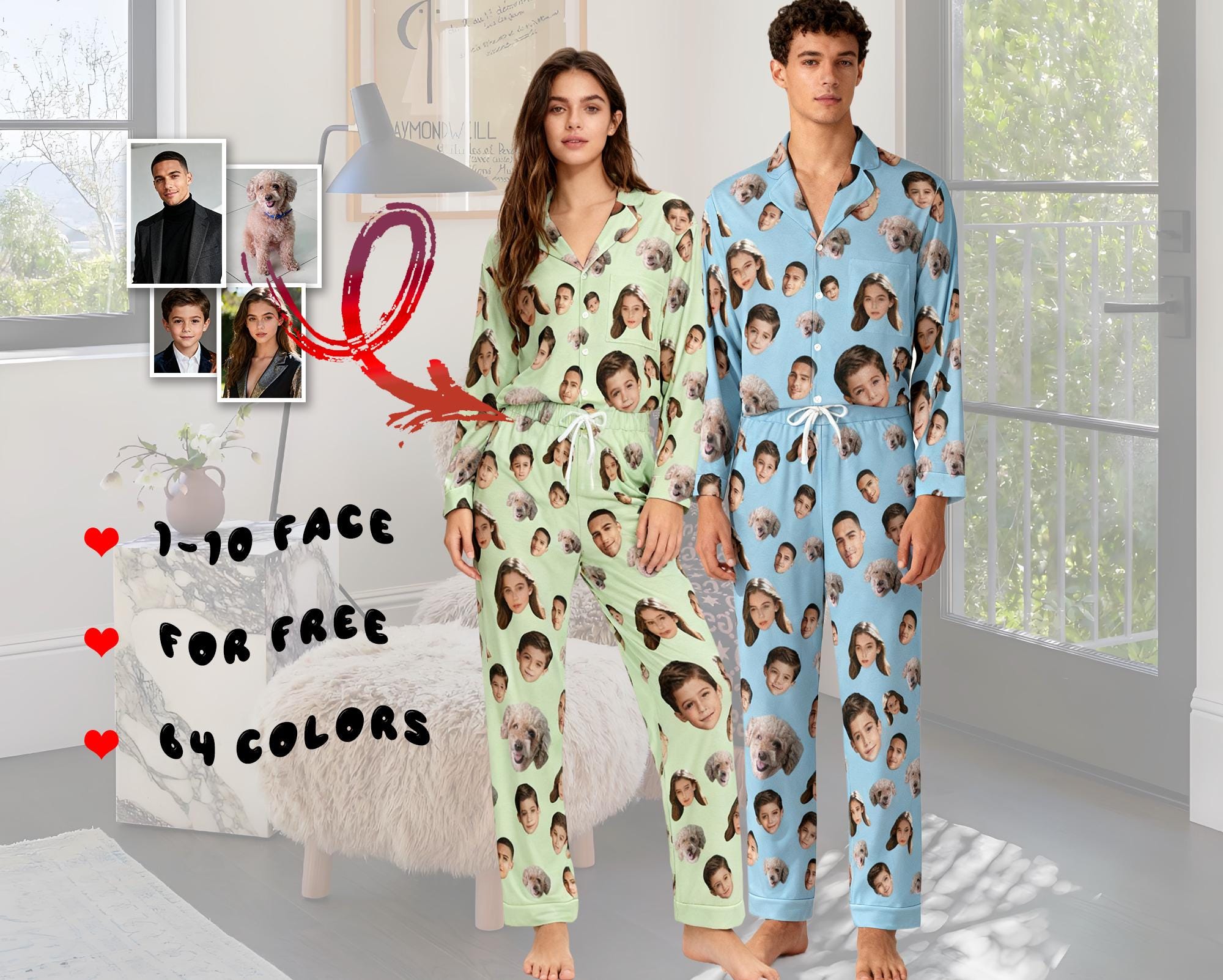 Custom Face Pajama Set,Christmas Pajamas,Personalized Photo Pajamas,Men Women Pajamas Bridal Party Birthday Anniversary Day Gifts,dog gifts