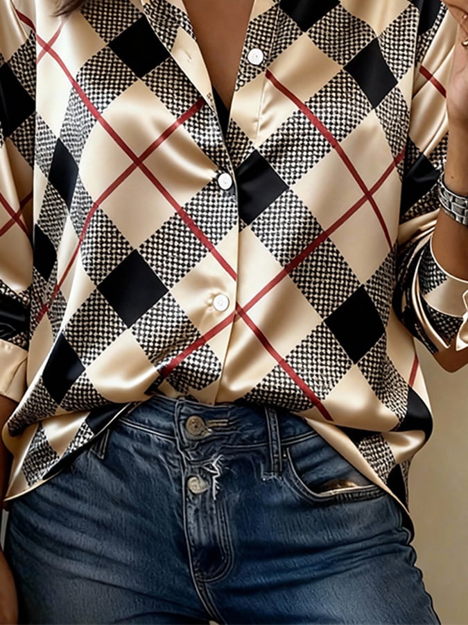Elegant checked satin shirt for women – Winter business chic