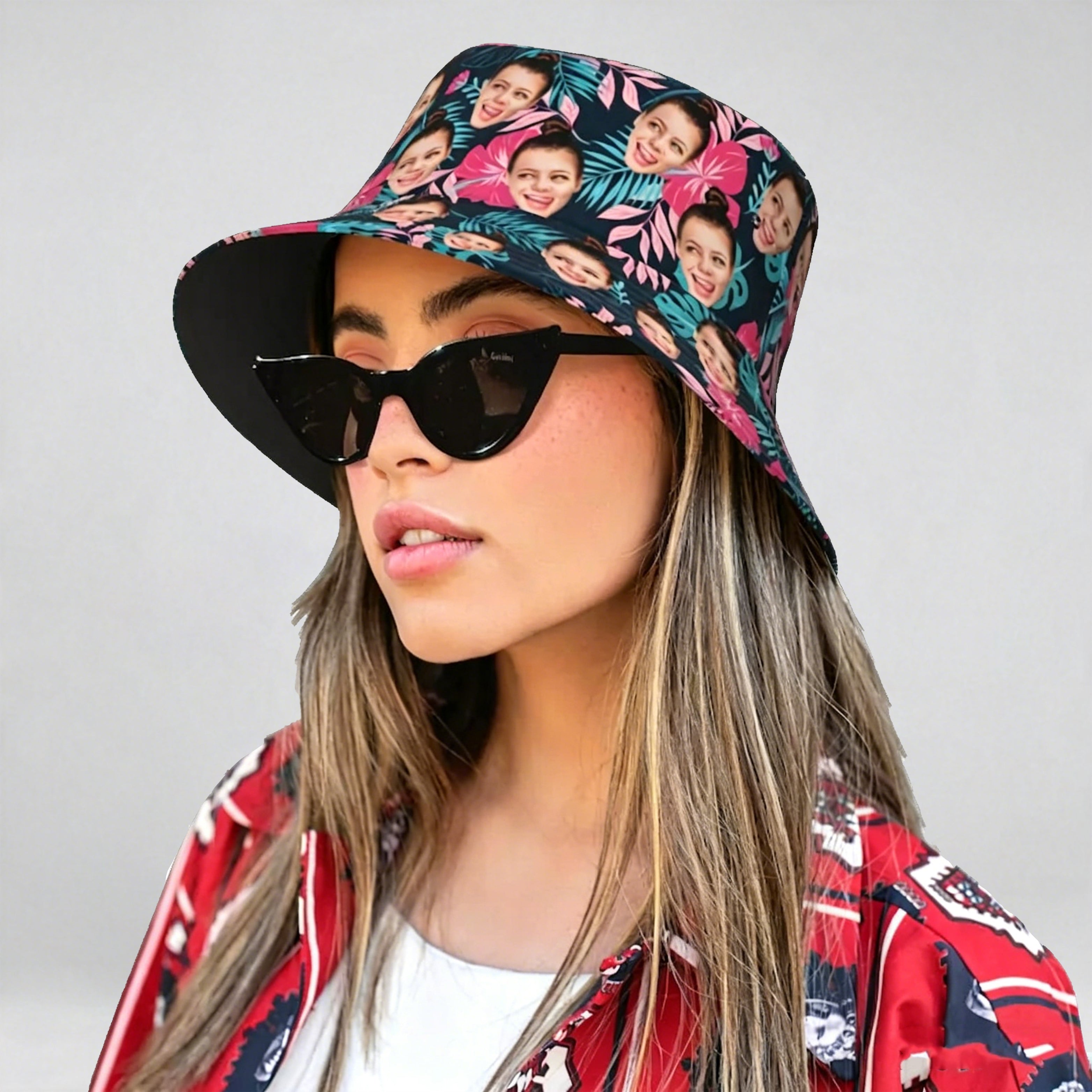 Custom Photo Face Unisex Hawaiian Bucket Hat, Personalized Wide Brim Outdoor Summer Hat, Custom Photo Hat, Custom Fisherman Hat, Adults Hat
