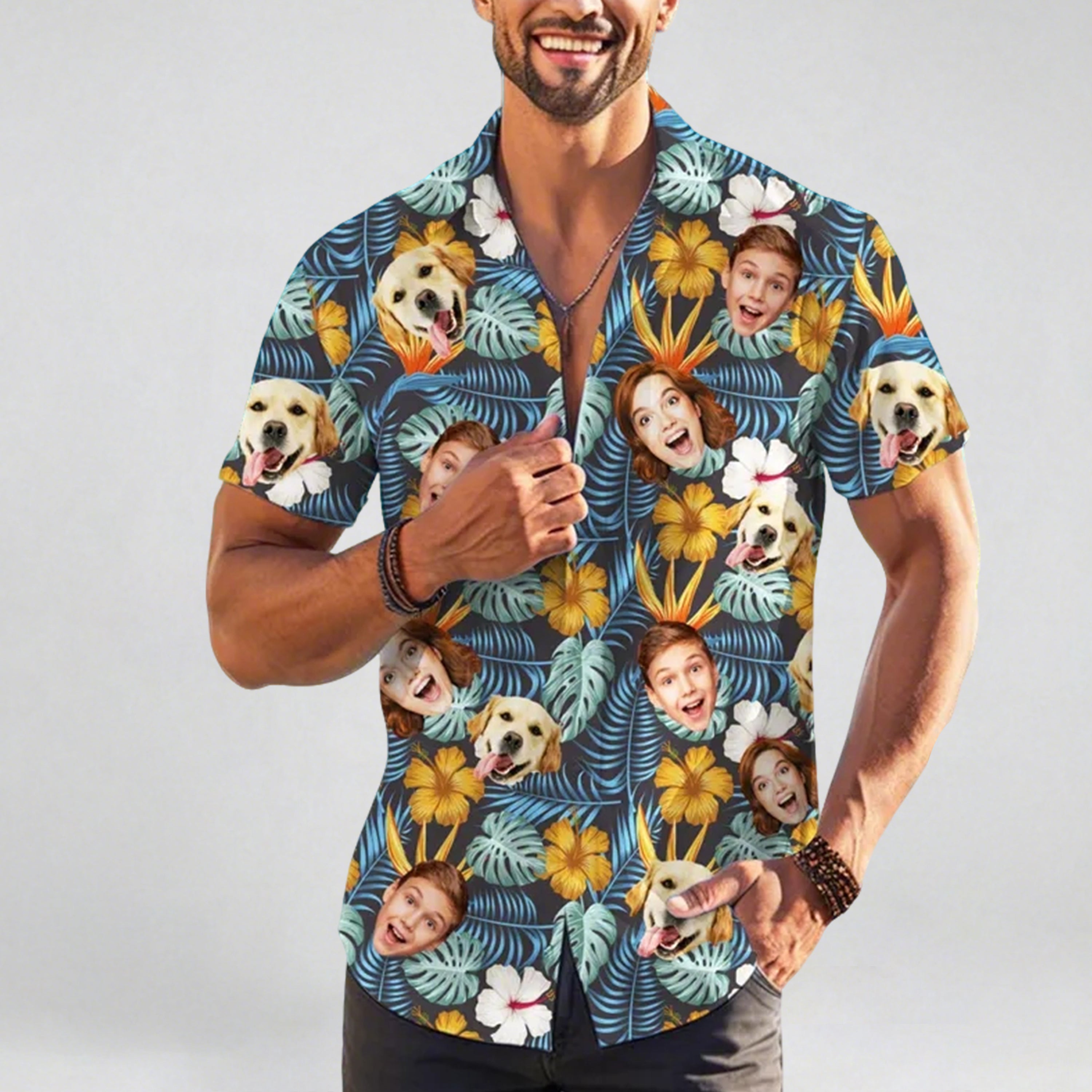 Custom Dog Face Hawaiian Shirt: Personalized Pet Photo ButtonDown,Men's Tropical Shirt,Bachelor Party,Gift for DogDad