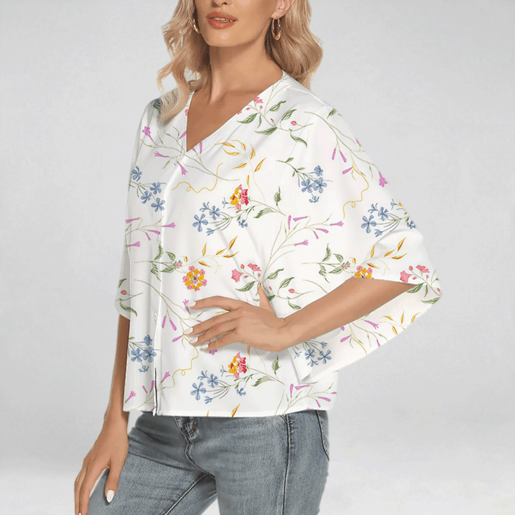 All-Over Print Women's Bat Sleeve Light V-neck Front Buttoned Top