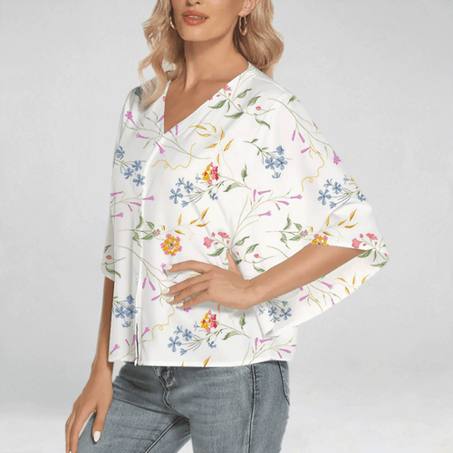 All-Over Print Women's Bat Sleeve Light V-neck Front Buttoned Top