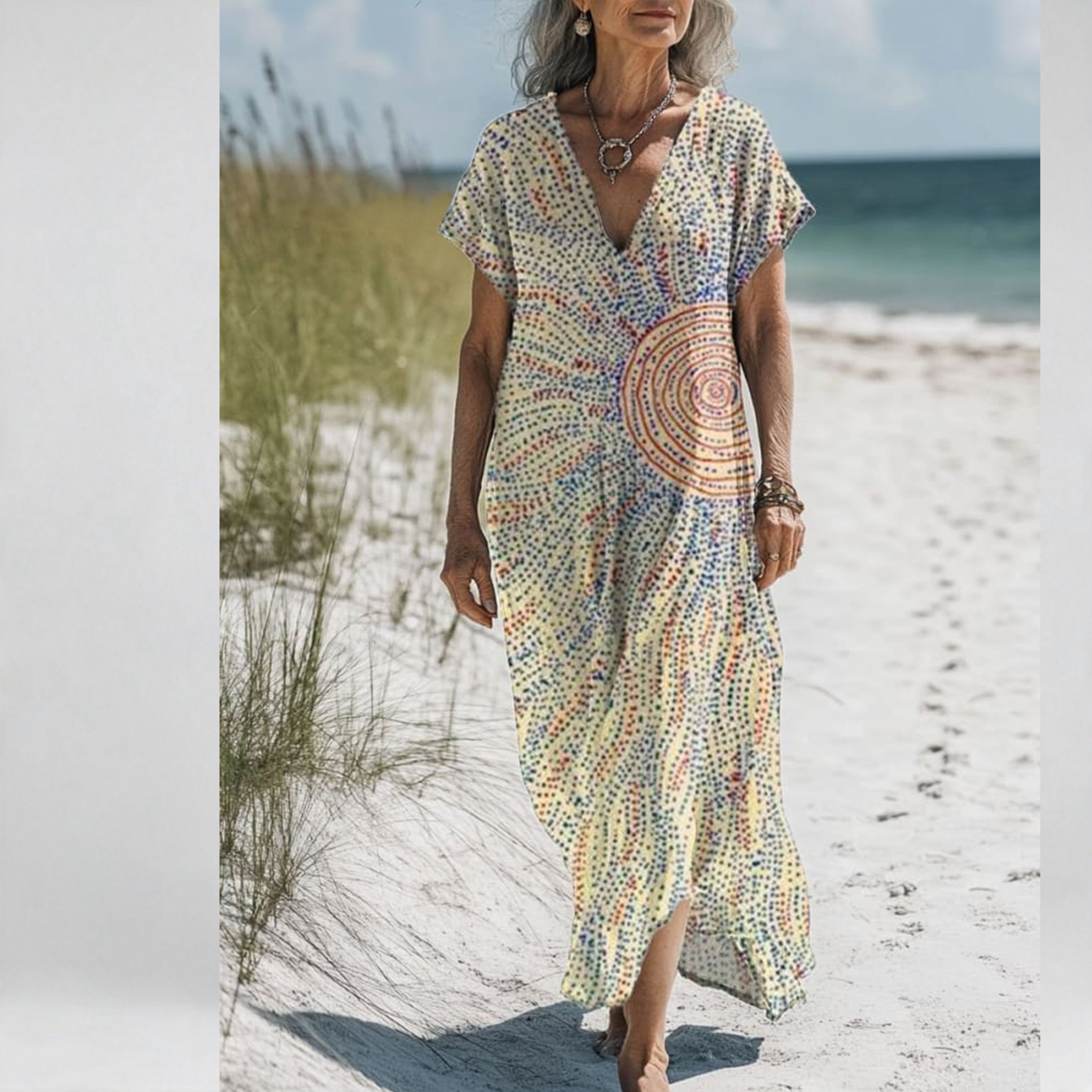 Women's Vintage Art Geometric Print Pocket Cotton Dress