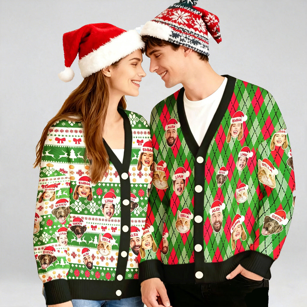 Personalized Christmas Cardigan Sweater With Face & Name: Custom Pet Photo Couple Ugly Cardigan