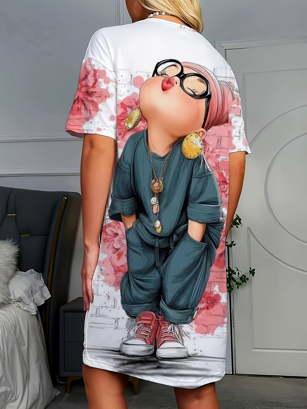cute cartoon printed crew neck short sleeve night dress