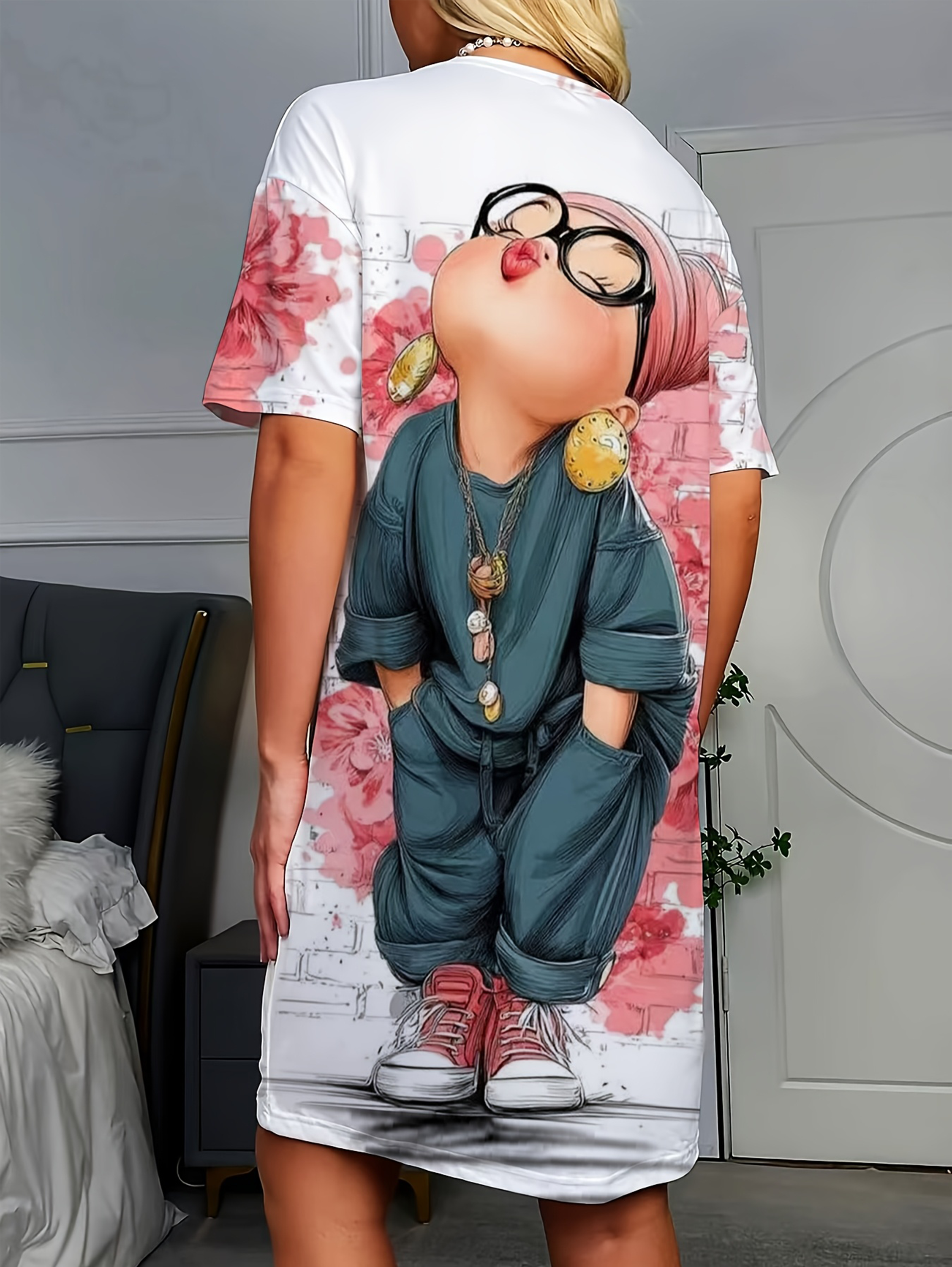 cute cartoon printed crew neck short sleeve night dress