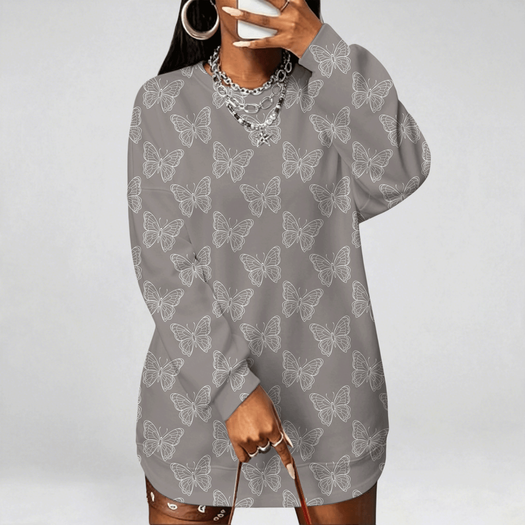 Round Neck Color Block Letter Print Long Sleeve Loose Casual Dress