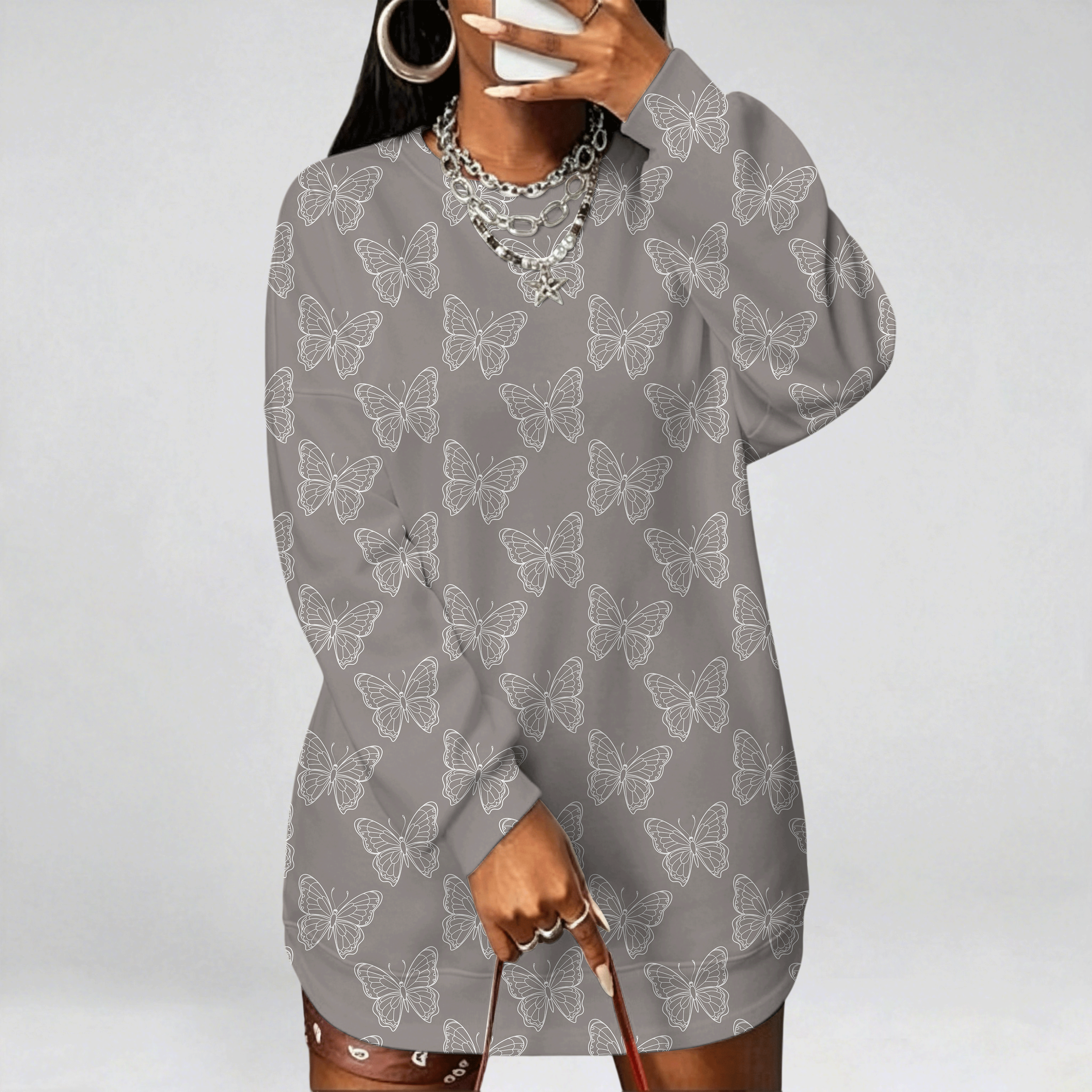 Round Neck Color Block Letter Print Long Sleeve Loose Casual Dress