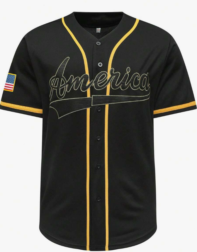 Men's Baseball Shirt Black No. 1, Street and Outdoor Sportswear, Classic Fashion Retro Jersey, High-end Embroidered Casual Shirt, Suitable for Competition and Training