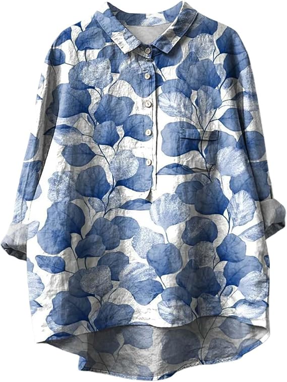 European and American Loose Casual Full-Body Print Turn- Collar Women's Shirt