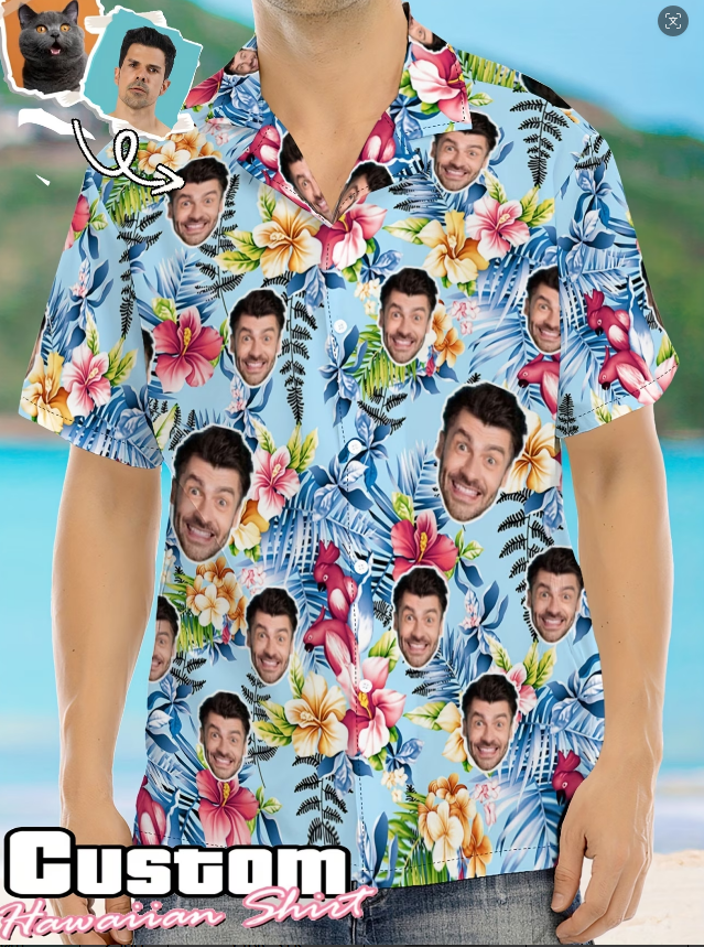 Free Custom Photo Face Team Hawaiian Man Shirts Coconut Tree Pattern Personalized Diy Face Beach Men Short Sleeve Aloha Shirts