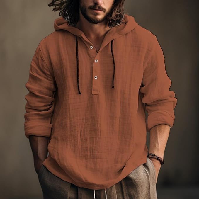 Men's Cotton Linen Shirts Hooded Casual Long Sleeve 1/4 Button Hood Beach T-Shirt