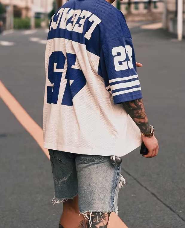 Men's Mesh Contrast Color Sports Short Sleeve Soccer Jersey Style T-Shirt, Sports Jersey Summer