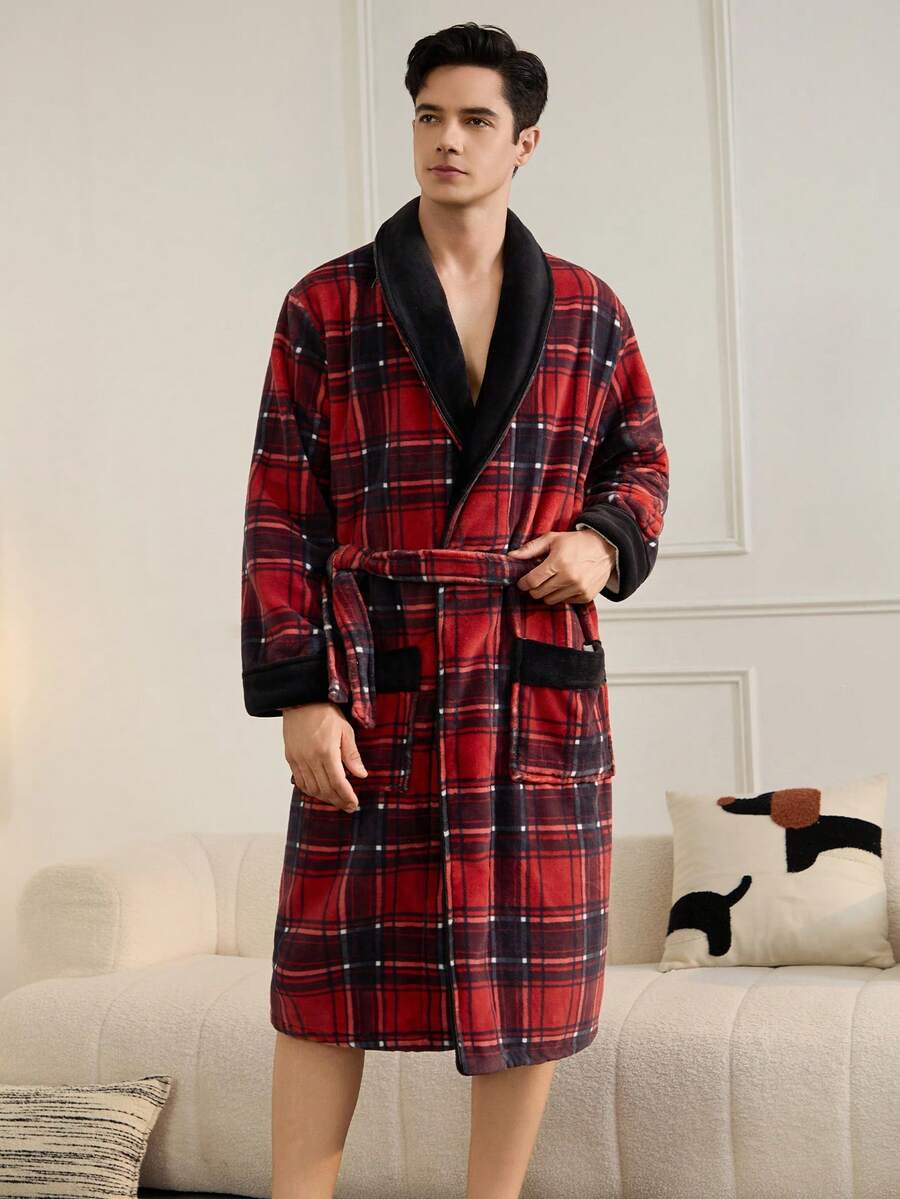 Men's casual black and red plaid flannel bathrobe with shawl collar and belt, soft and cozy for autumn and winter.