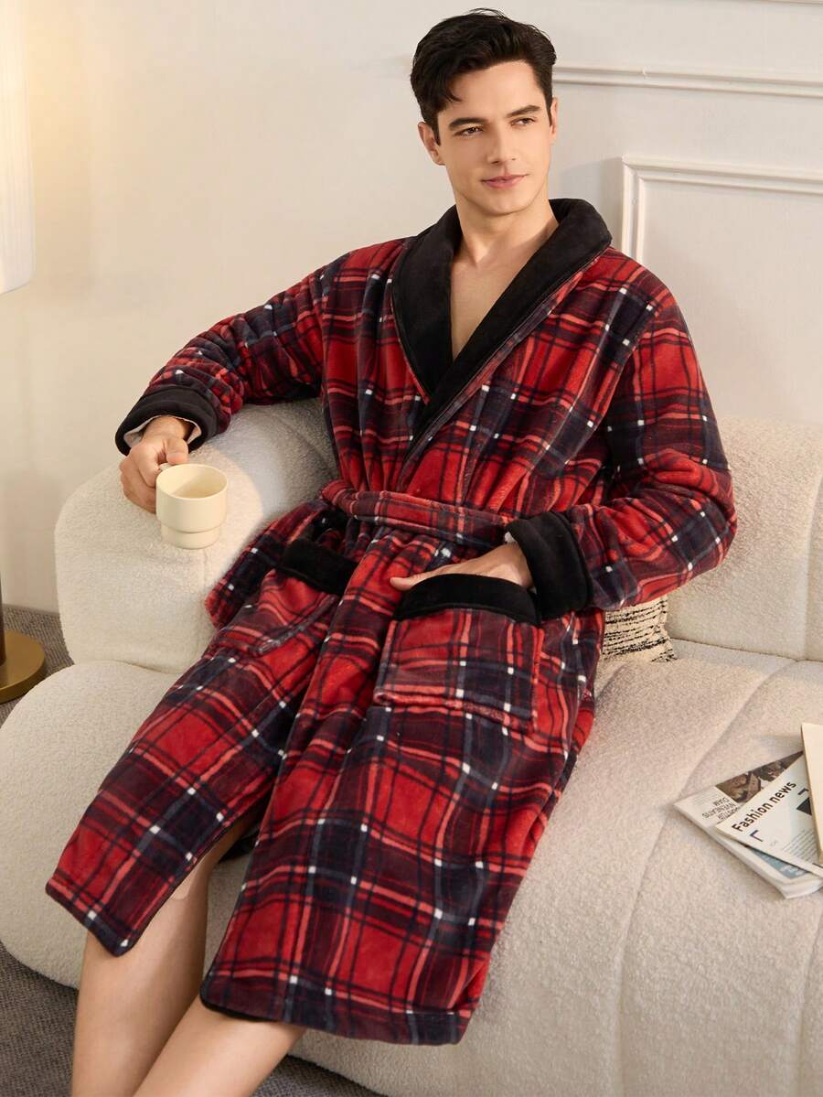 Men's casual black and red plaid flannel bathrobe with shawl collar and belt, soft and cozy for autumn and winter.