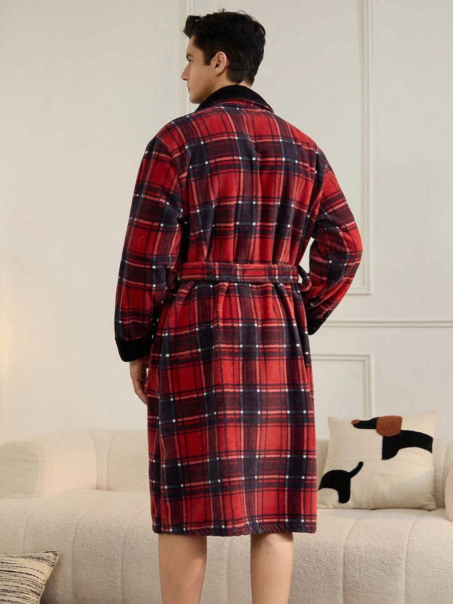 Men's casual black and red plaid flannel bathrobe with shawl collar and belt, soft and cozy for autumn and winter.