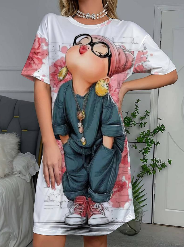 Cute Cartoon Printed Crew Neck Short Sleeve Night Dress for Women | All-season Comfortable Sleepwear
