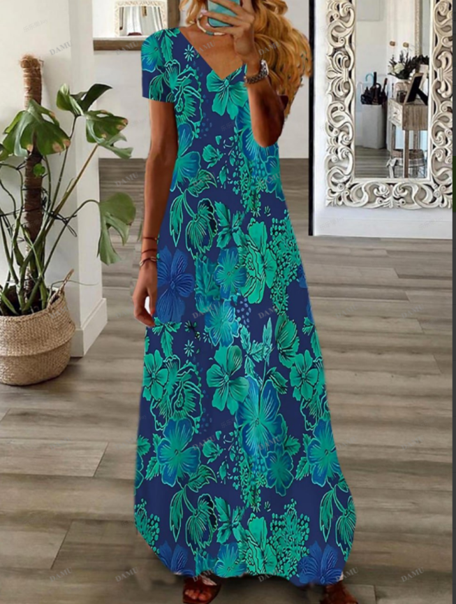 Plus Size, European and American New V-Neck Short-Sleeve Casual Printed Sexy Women's Dress