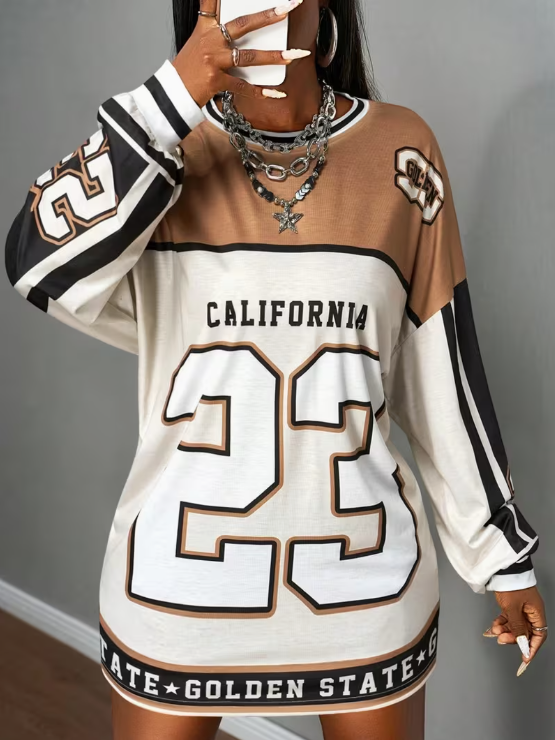 Round Neck Color Block Letter Print Long Sleeve Loose Casual Dress