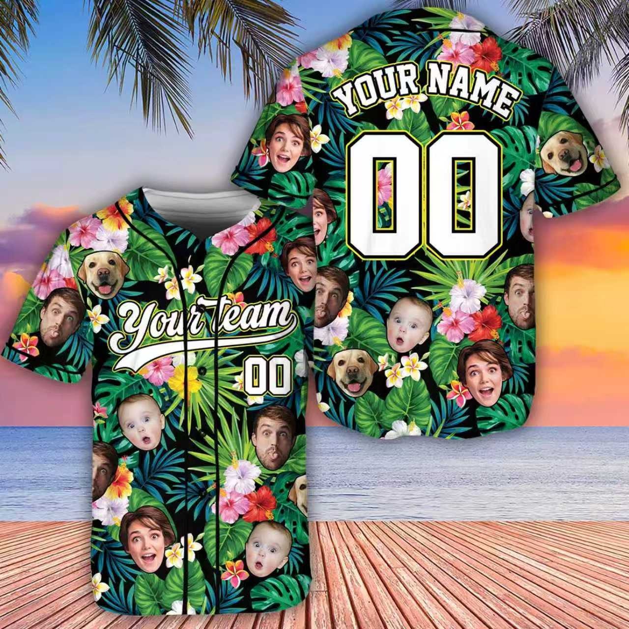 Personalized Hawaiian Baseball Jersey, Summer Jersey, Custom Face Hawaiian Shirt, Custom Baseball Jersey, Family Jersey Matching Shirt