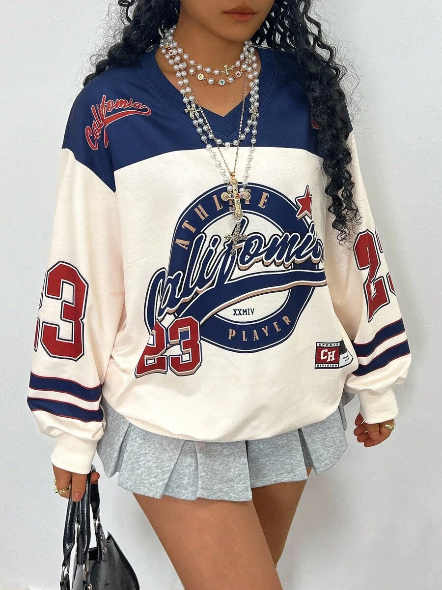 Plus Size - Plus Size - Women'S Plus Size V-Neck Letter Print Long Sleeve Casual Sweatshirt, Graduation Outfit, Back-To- Wear, Teacher Outfit