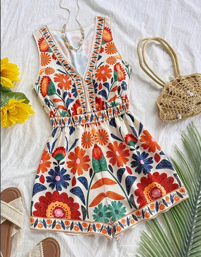 Women's Printed V-Neck Sleeveless Casual Jumpsuit, Suitable for Vacation, Beach, Yacht, Festivals, Parties, and Commuting