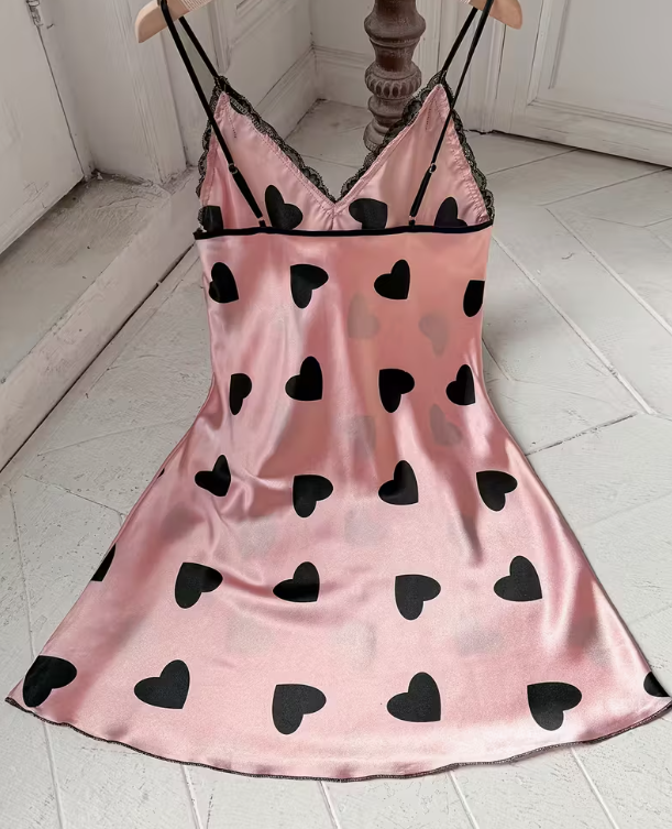 Women's Sexy V-Neck Slip Nightgown with Heart Print & Contrast Lace Trim - Soft Polyester, Adjustable Thin Straps, Comfortable Sleep Dress for All Seasons, Comfortable Nightdress | Elegant Bedroom Attire | Polyester Fabric