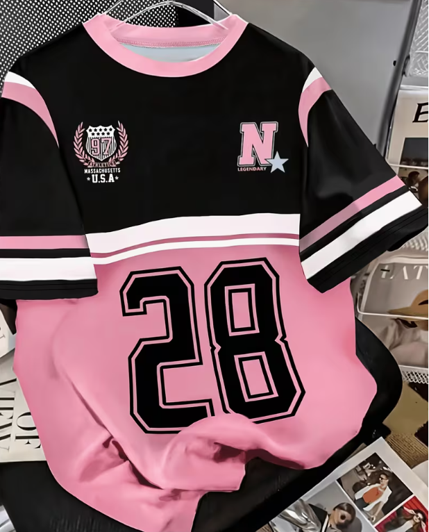 Size 28 Jersey T-Shirt - Soccer/Football Jersey Style, Number 28 Print, Pink And Black/White Block Letters, Machine Washable, Multi-Size, Birthday Gift for Soccer Training And Casual Wear (Jersey Number)