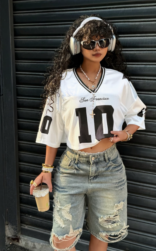 Y2K Women's Spliced Fabric Short Sleeve T-Shirt Crop Top M186 PB-744