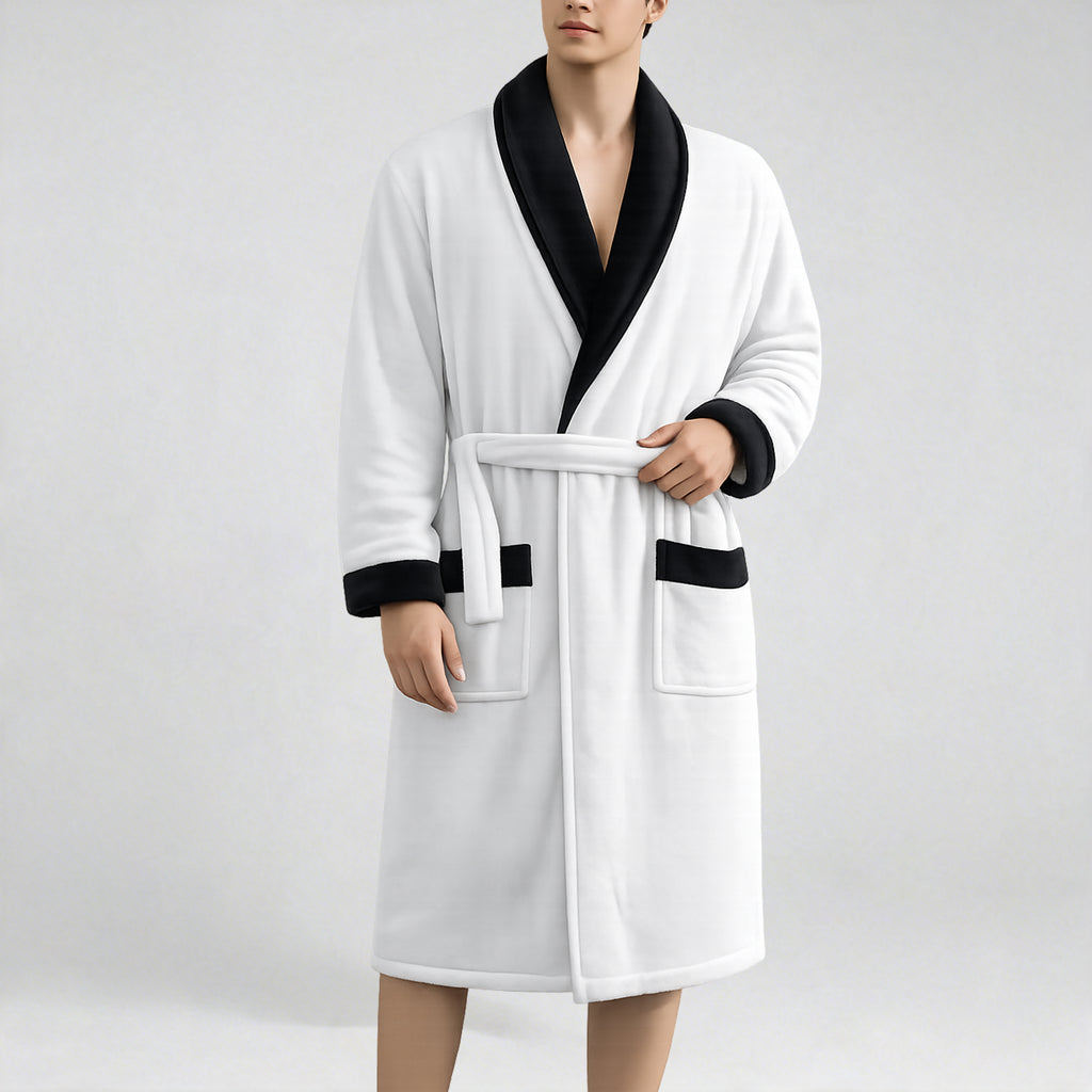 Men's casual black and red plaid flannel bathrobe with shawl collar and belt, soft and cozy for autumn and winter.