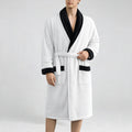 Men's casual black and red plaid flannel bathrobe with shawl collar and belt, soft and cozy for autumn and winter.