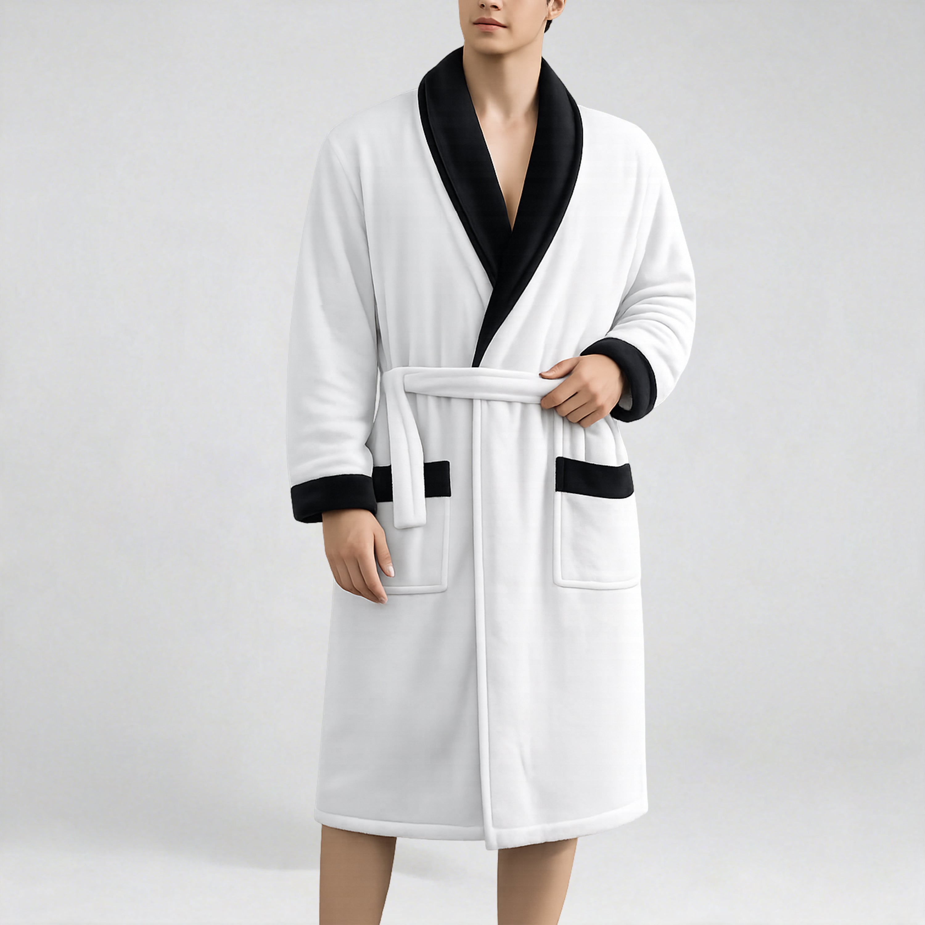 Men's casual black and red plaid flannel bathrobe with shawl collar and belt, soft and cozy for autumn and winter.