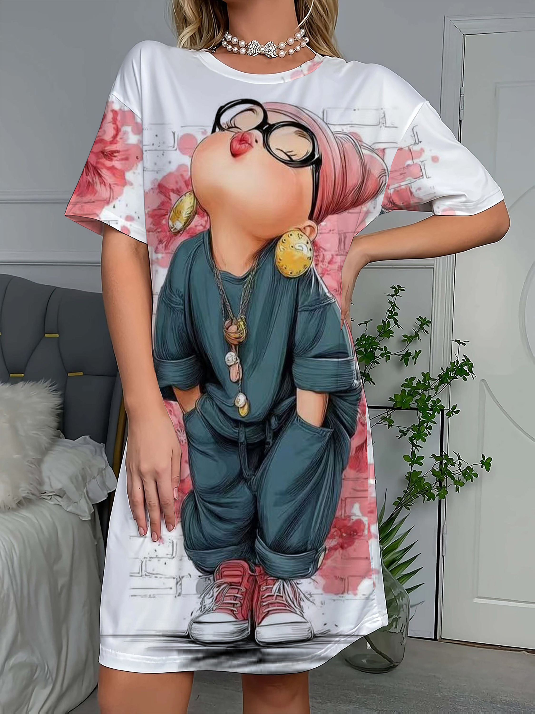 cute cartoon printed crew neck short sleeve night dress